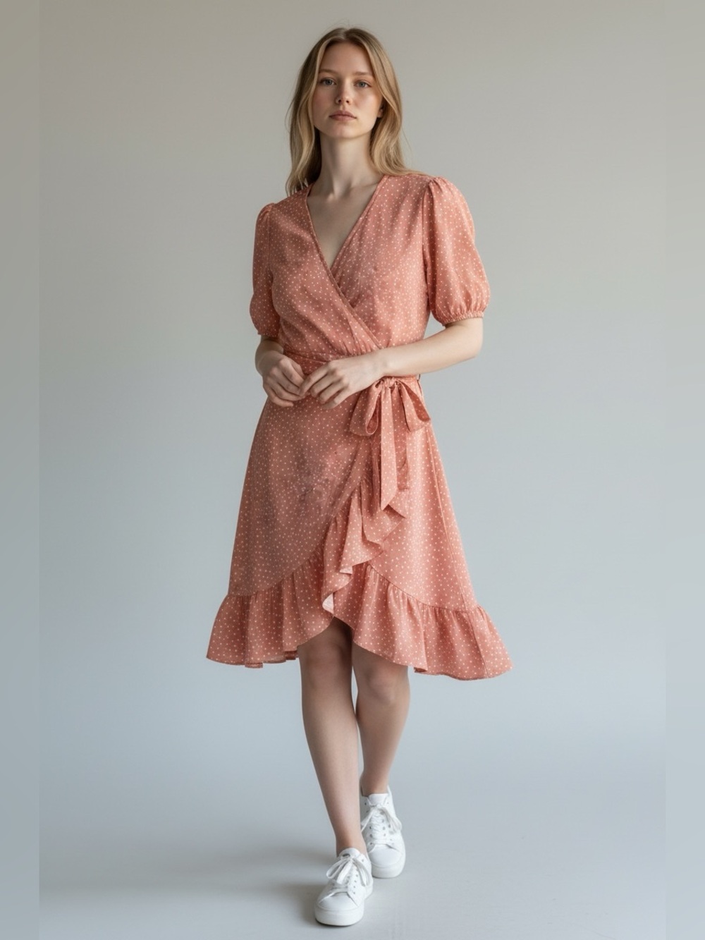 🫶🏻 Boutique Polka Dot Faux Wrap Dress in Dusty Rose NWOT